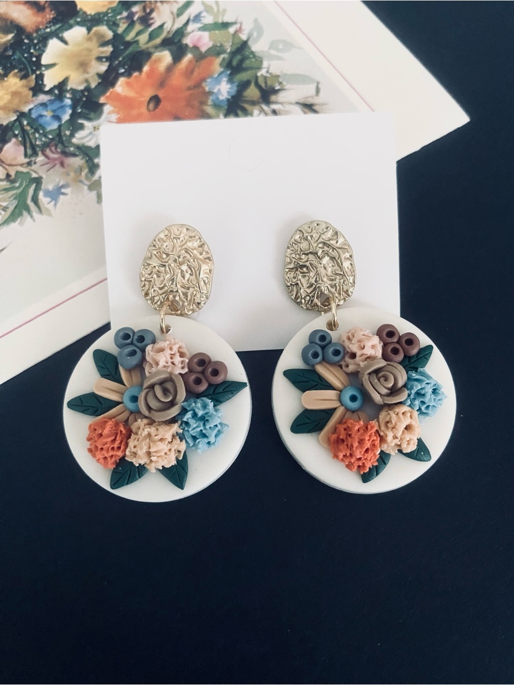 Floral Polymer Clay Dangle Earrings in White, Green, Blue & Coral
